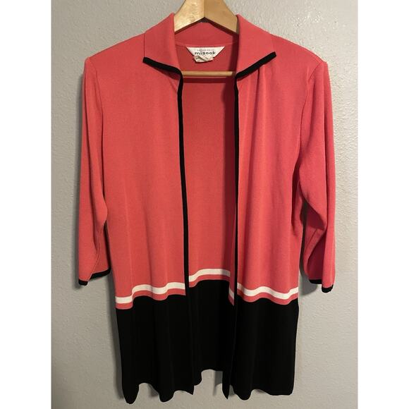 Exclusively Misook Womens Cardigan Medium Pink Black Open Front Collared Modern - Picture 1 of 7